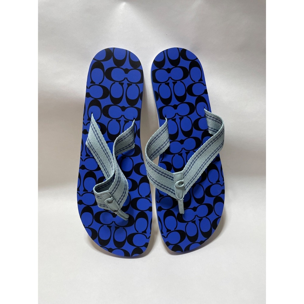 Coach 12 Mens Signature Webbing Flip-Flops Sandals Blue and Black